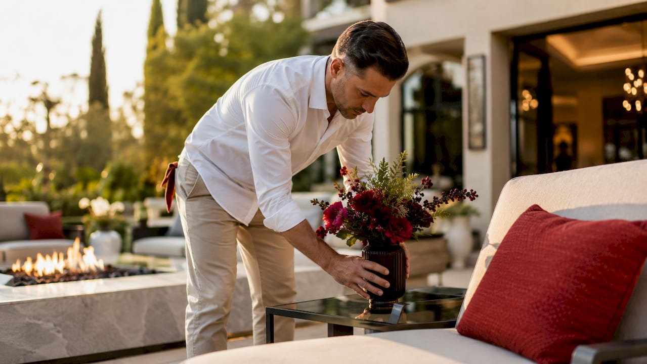 Stager arranging furniture in luxury living room