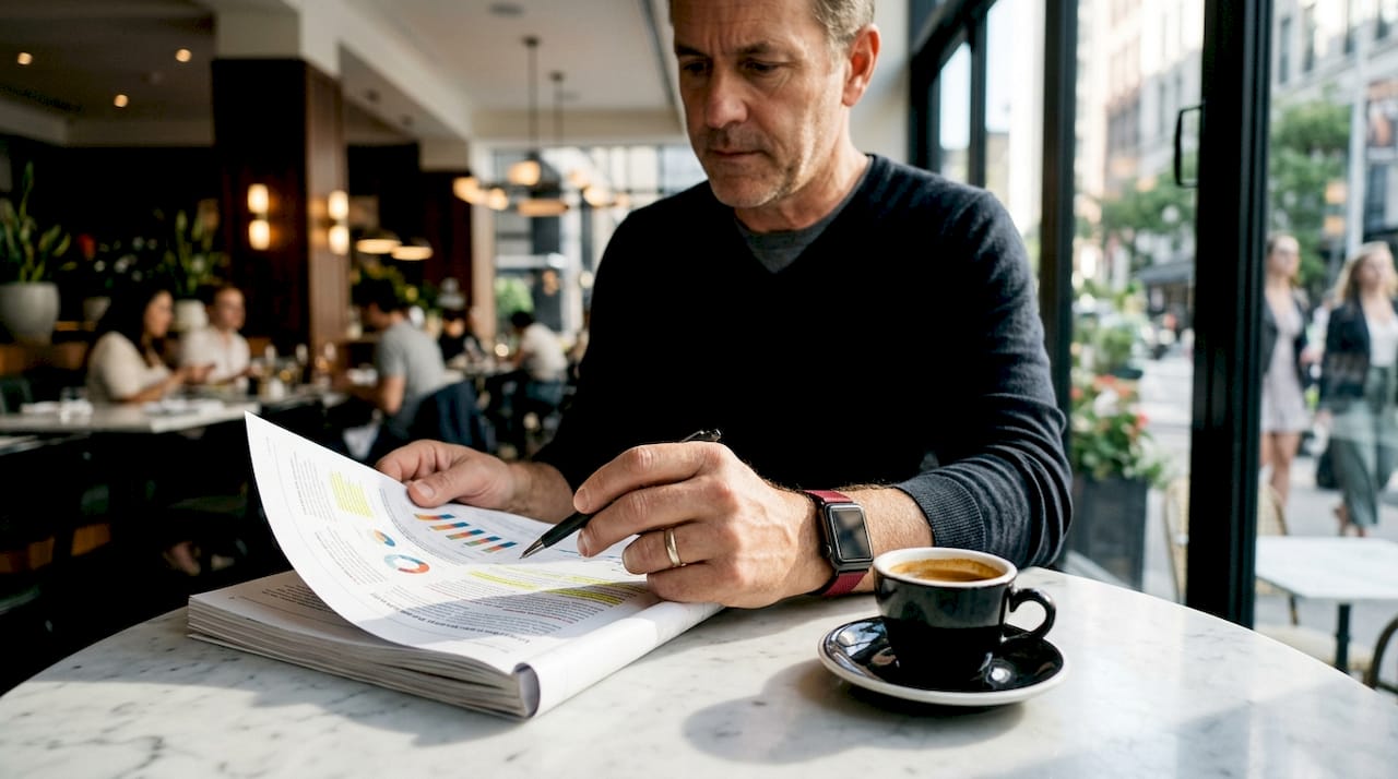 Hands examining lifestyle report at café table