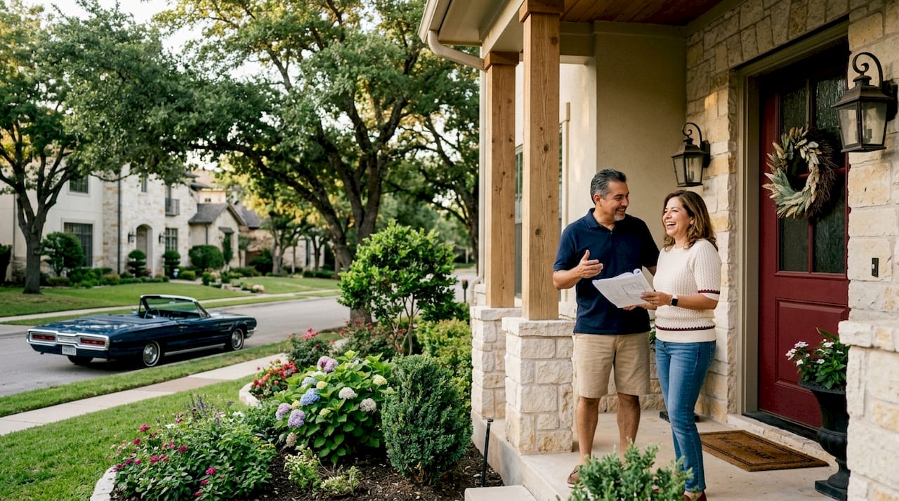 Couple examining luxury home in upscale neighborhood