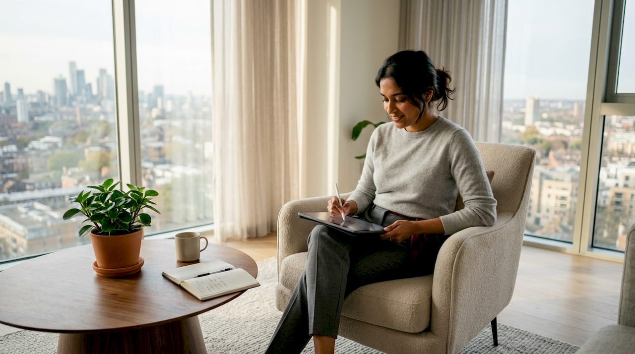 Woman using stylus on tablet for virtual home tour