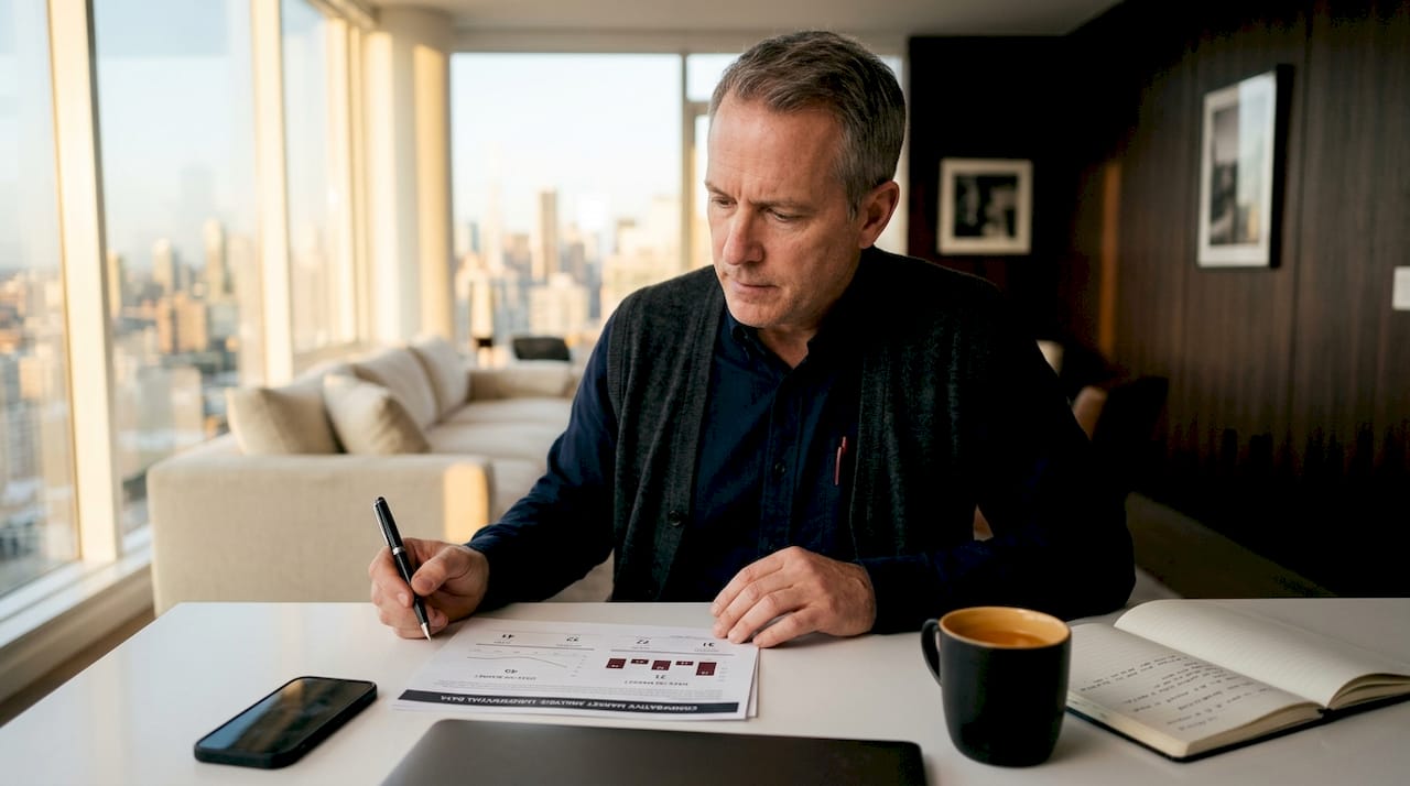 Hands reviewing luxury home market analysis papers