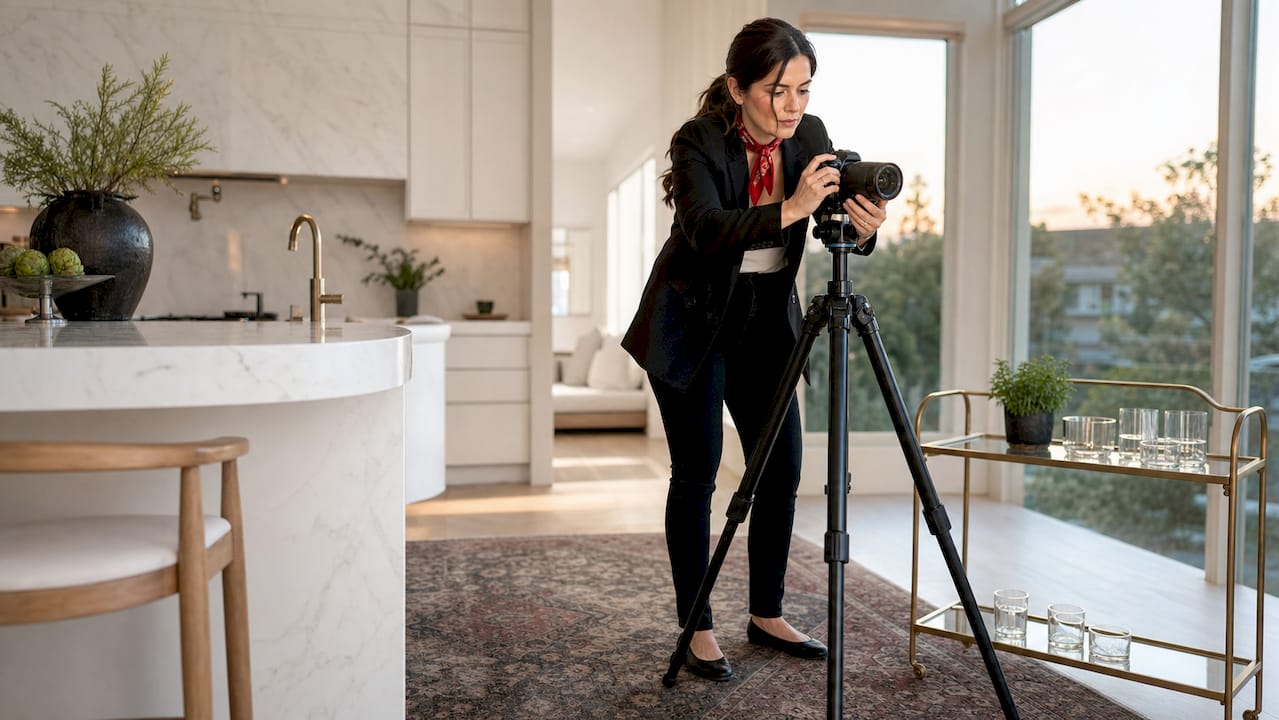 Photographer shooting luxury home's interior for listing