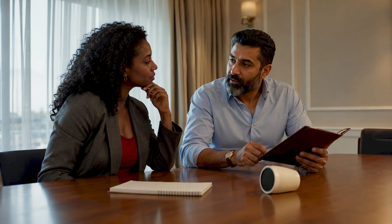 Two agents discussing luxury listings on tablet