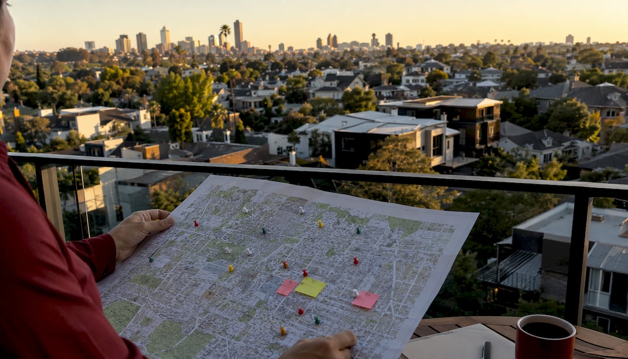 Planner reviewing emerging luxury neighborhood map