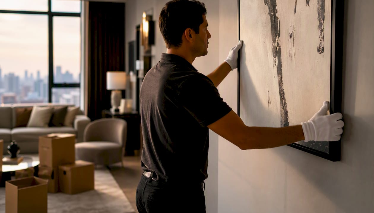 Mover with white gloves hanging luxury artwork