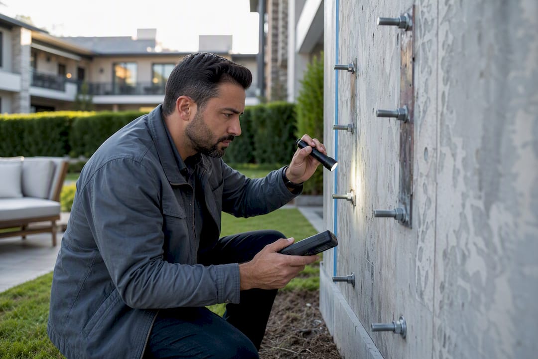 Engineer inspecting retrofit shear wall outdoors