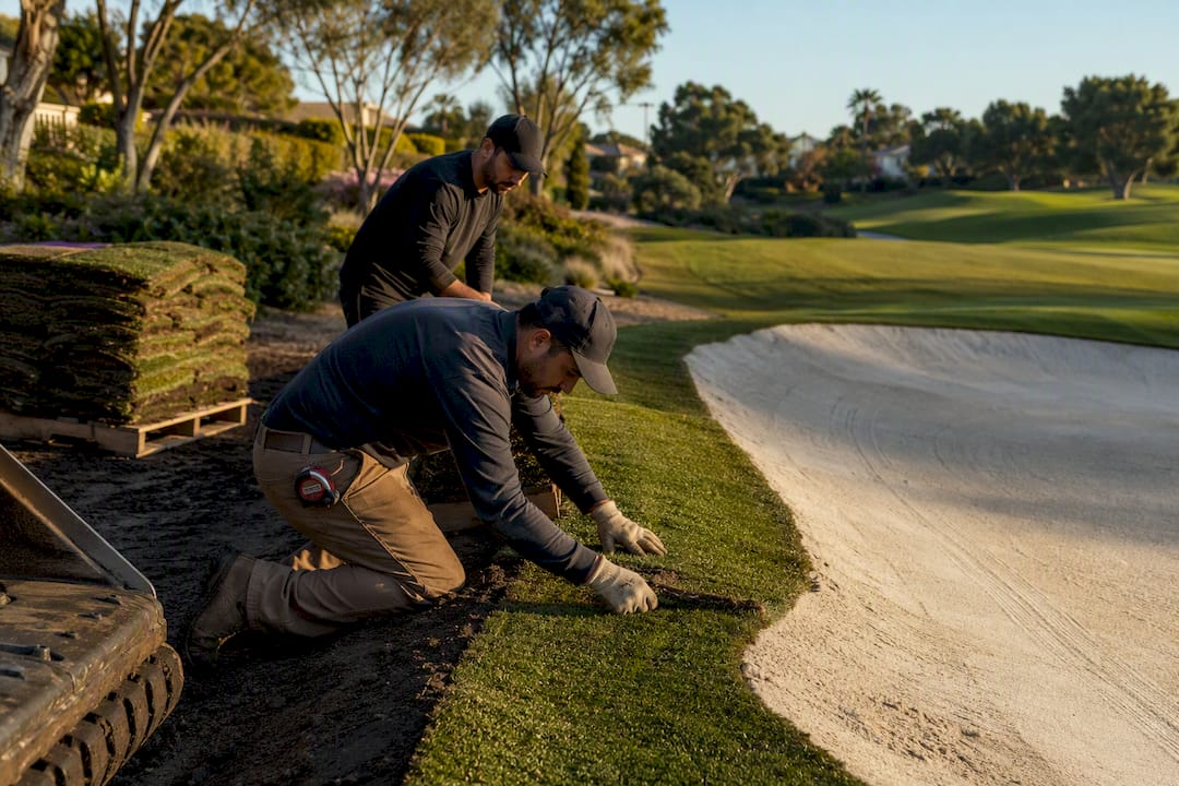Crew installing sod during golf course redesign