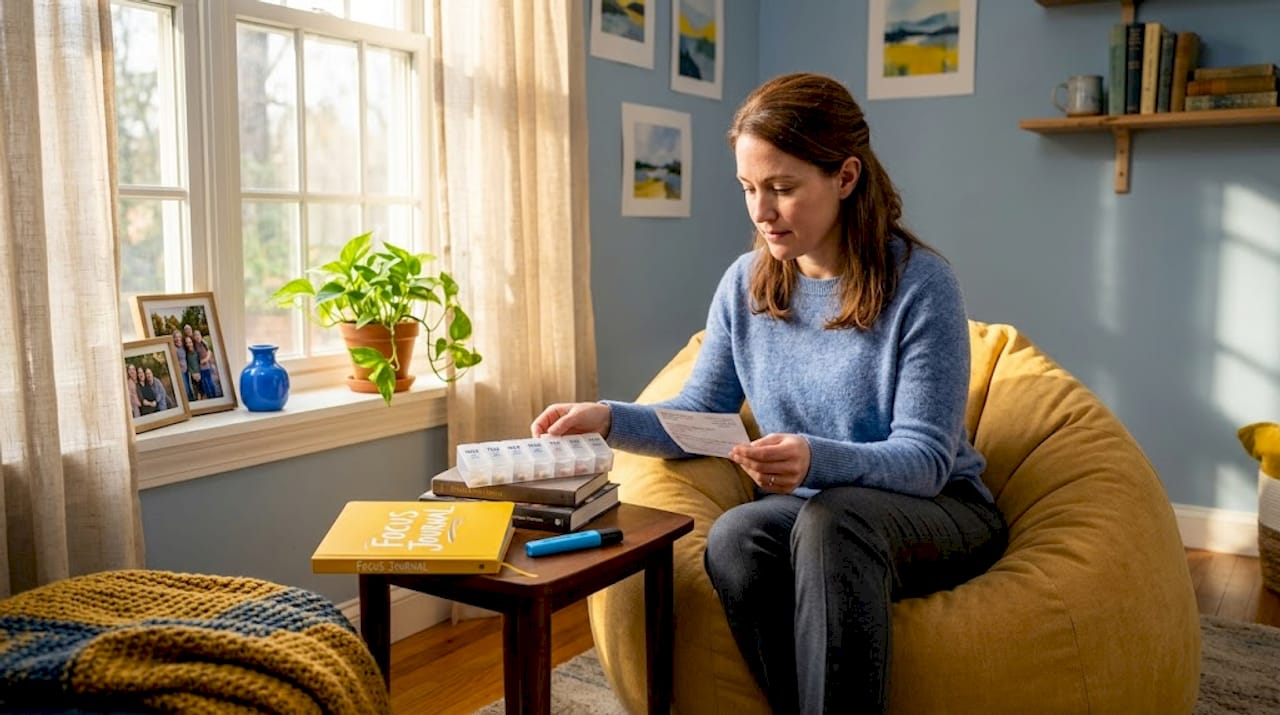 Woman reviewing medication planner in bedroom