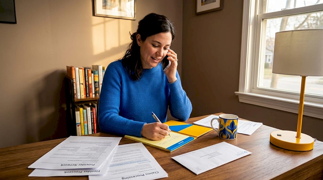 Woman making insurance call at kitchen table