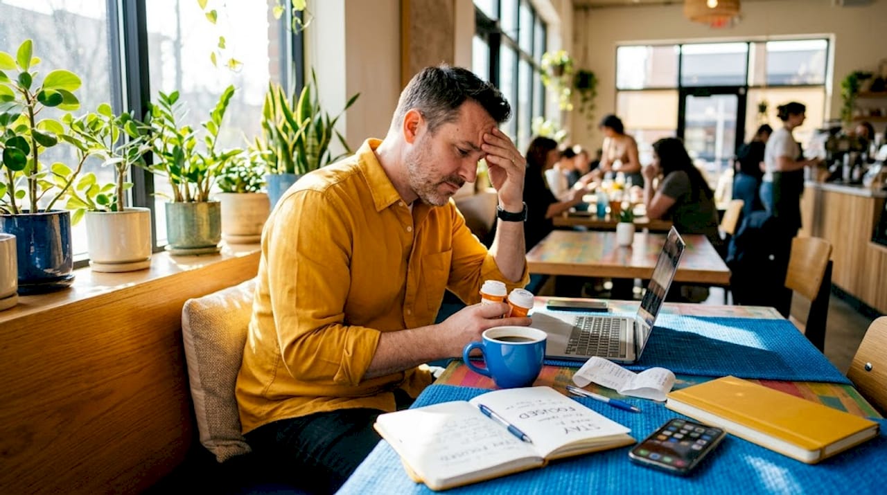 Person at kitchen table looking frustrated with work