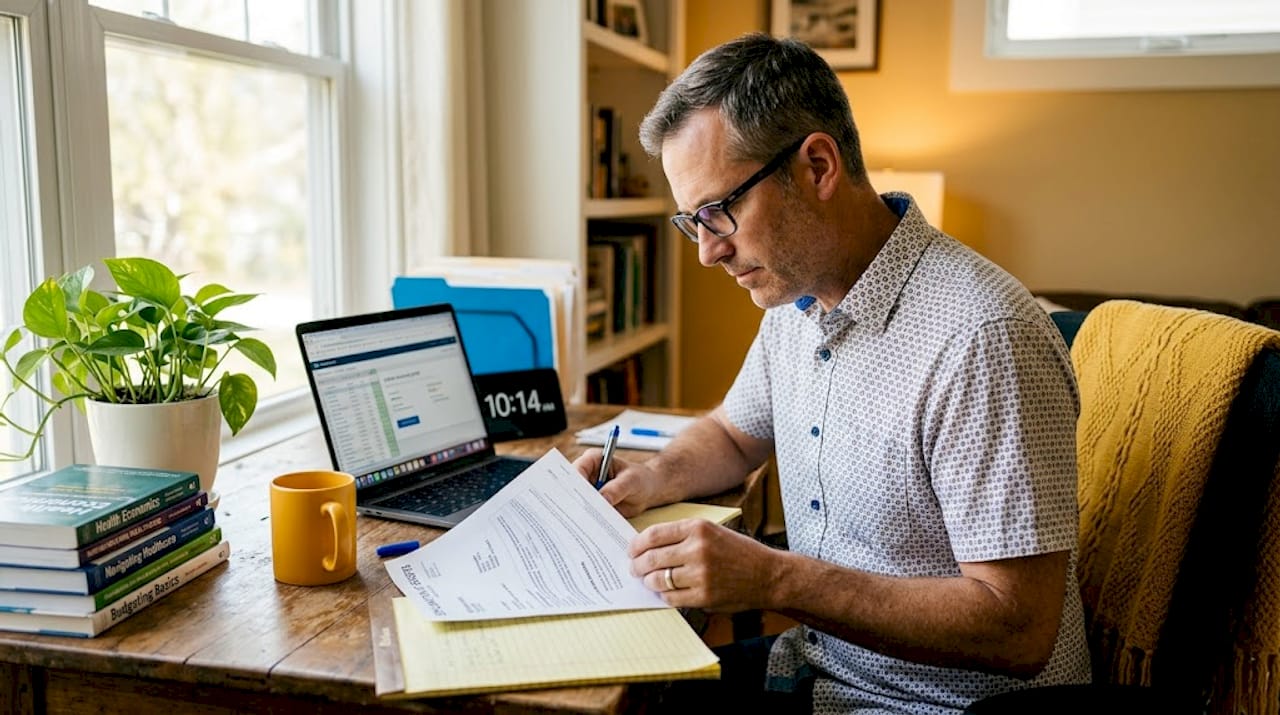 Man reviewing insurance benefits at desk