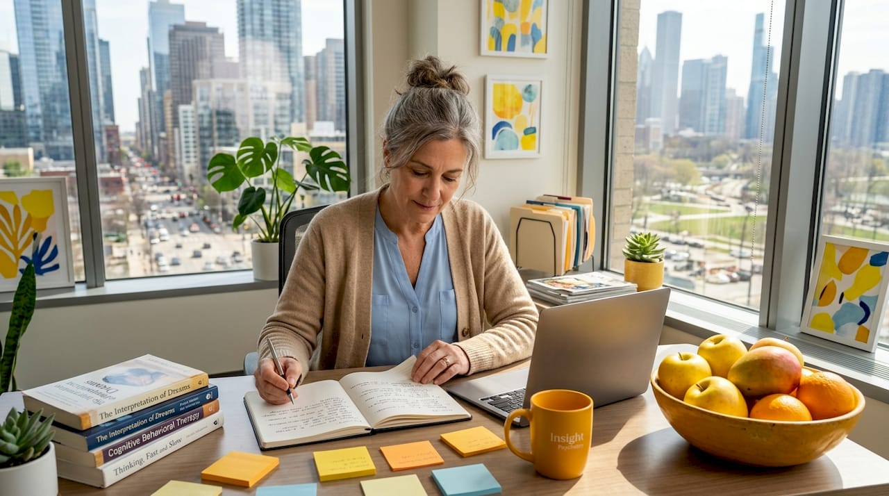 Psychiatrist reviewing notes in city corner office