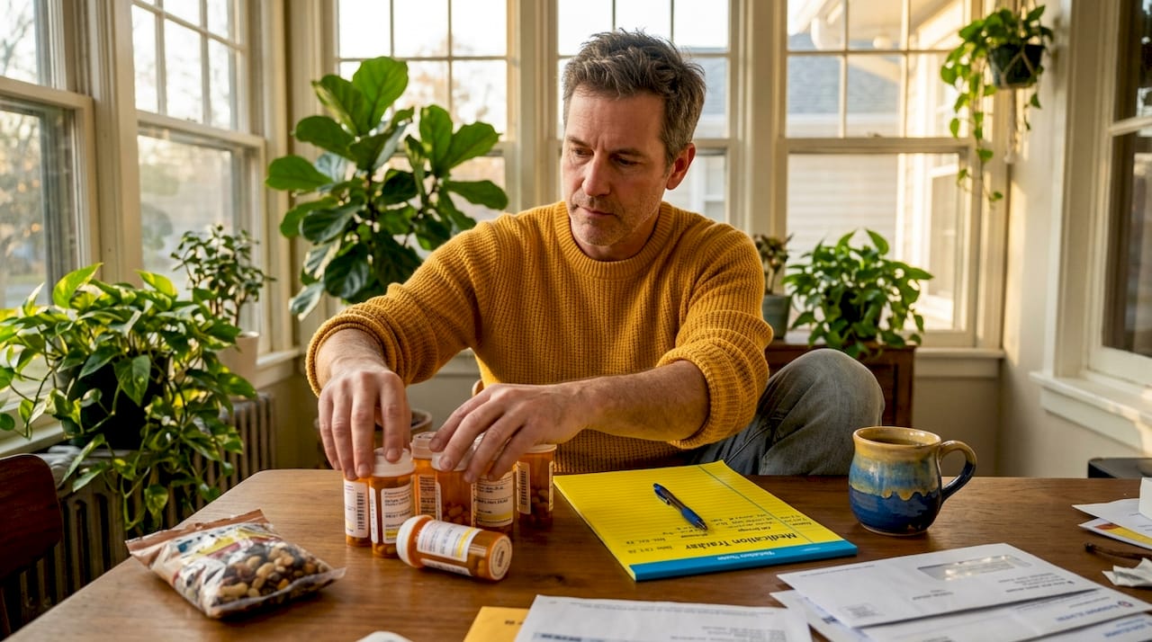 Man tracking anxiety medications at kitchen table