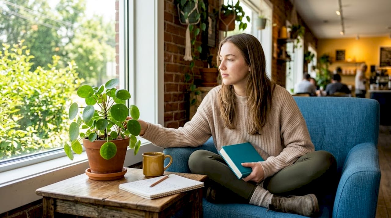 Young adult coping with stress by window