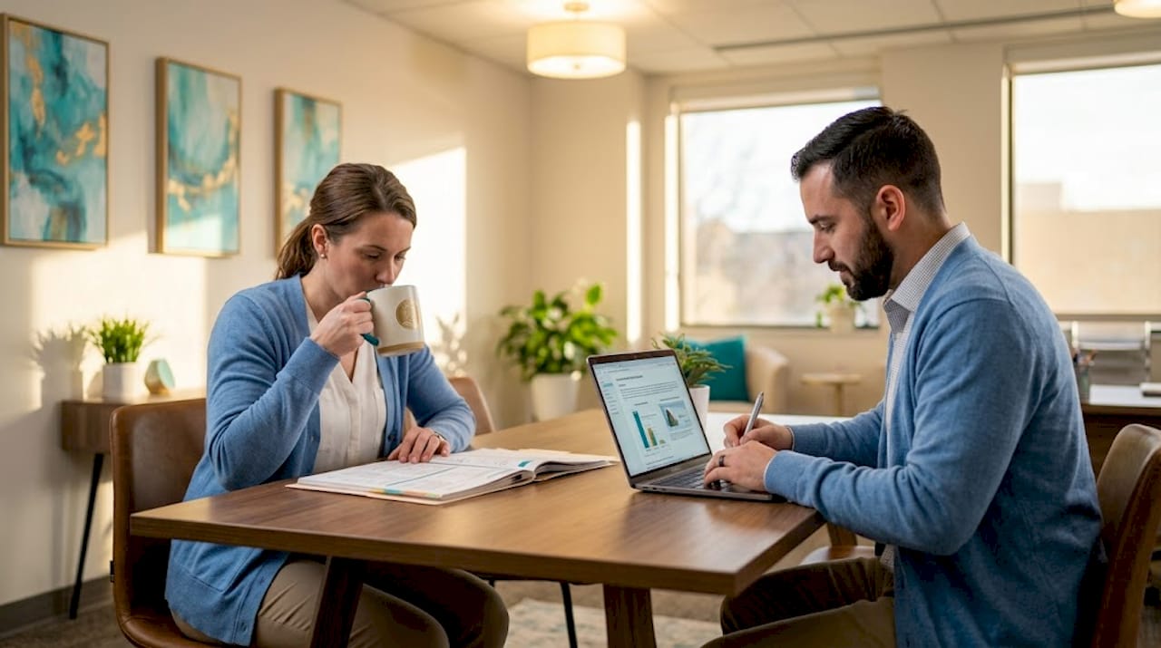 Clinicians reviewing mental health charts in sunlit clinic