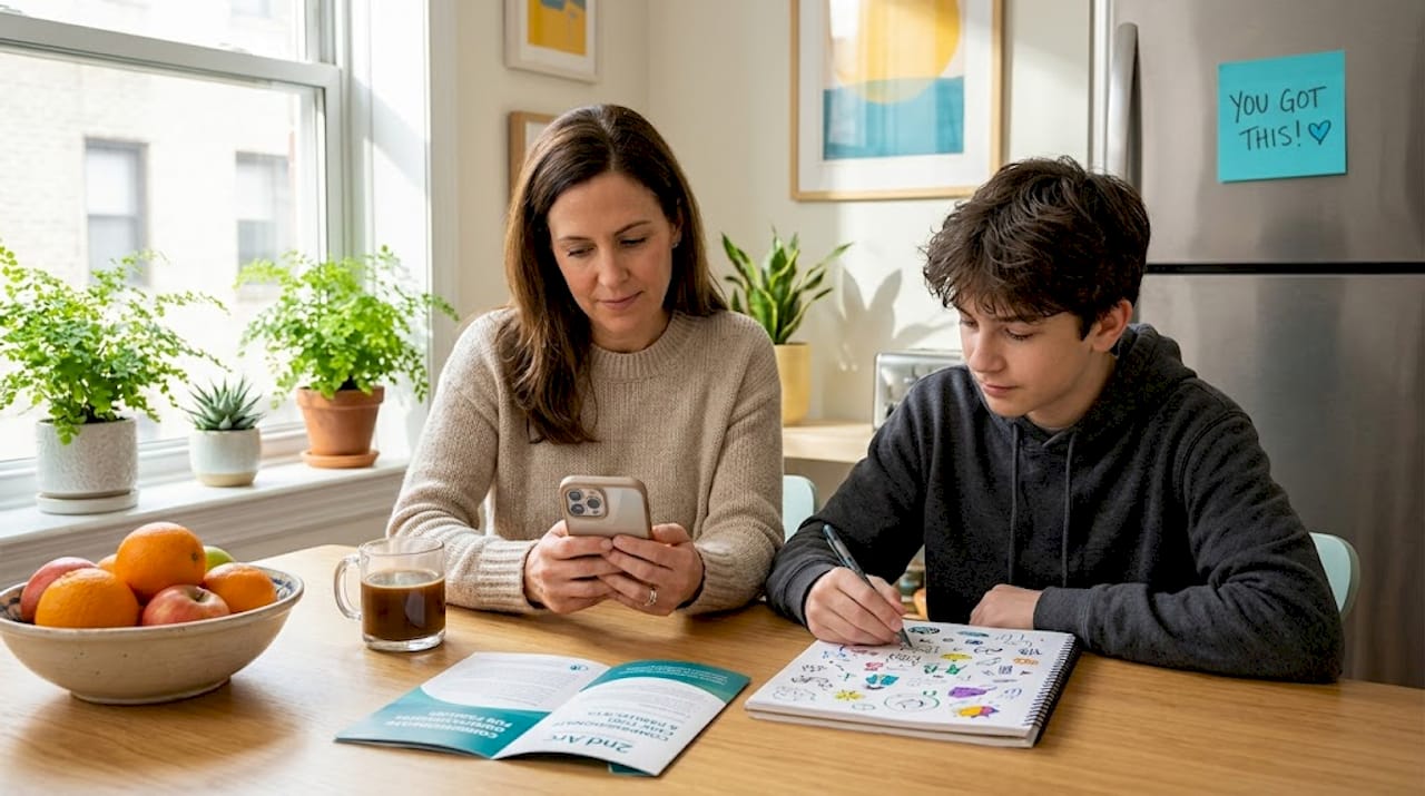 Mother and teen at kitchen table during triage