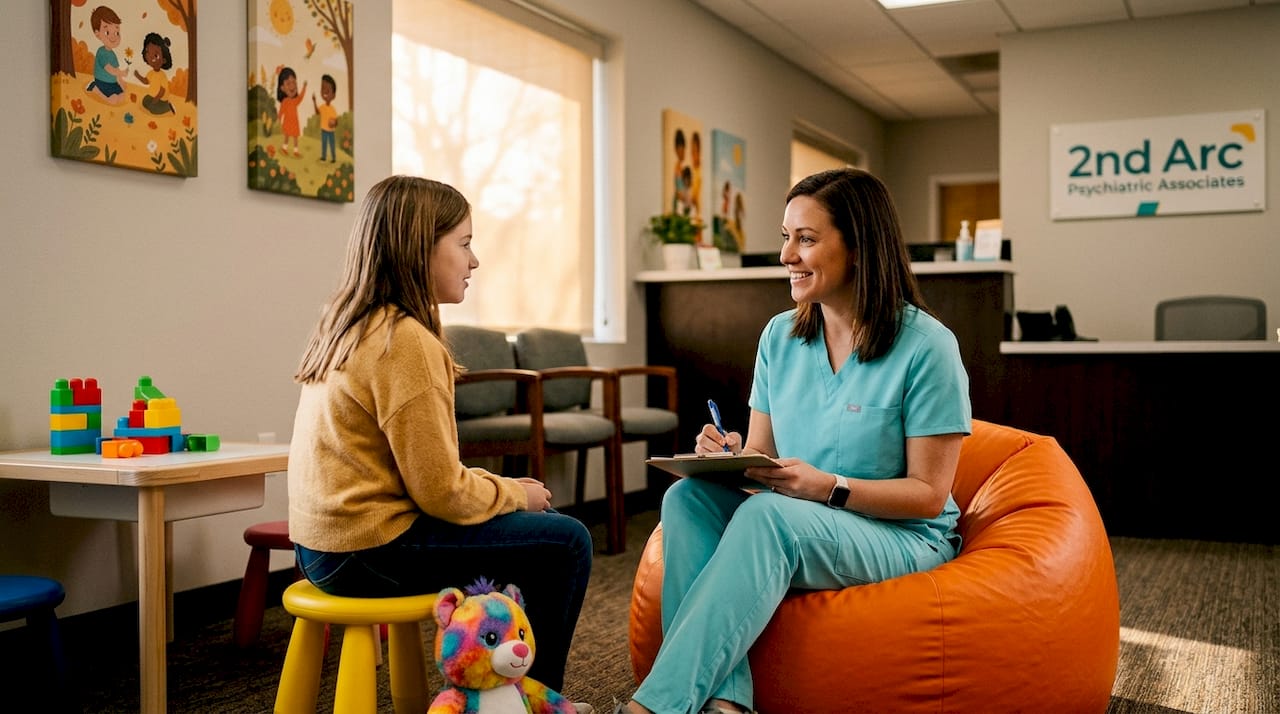 Nurse and child talking during mental health check