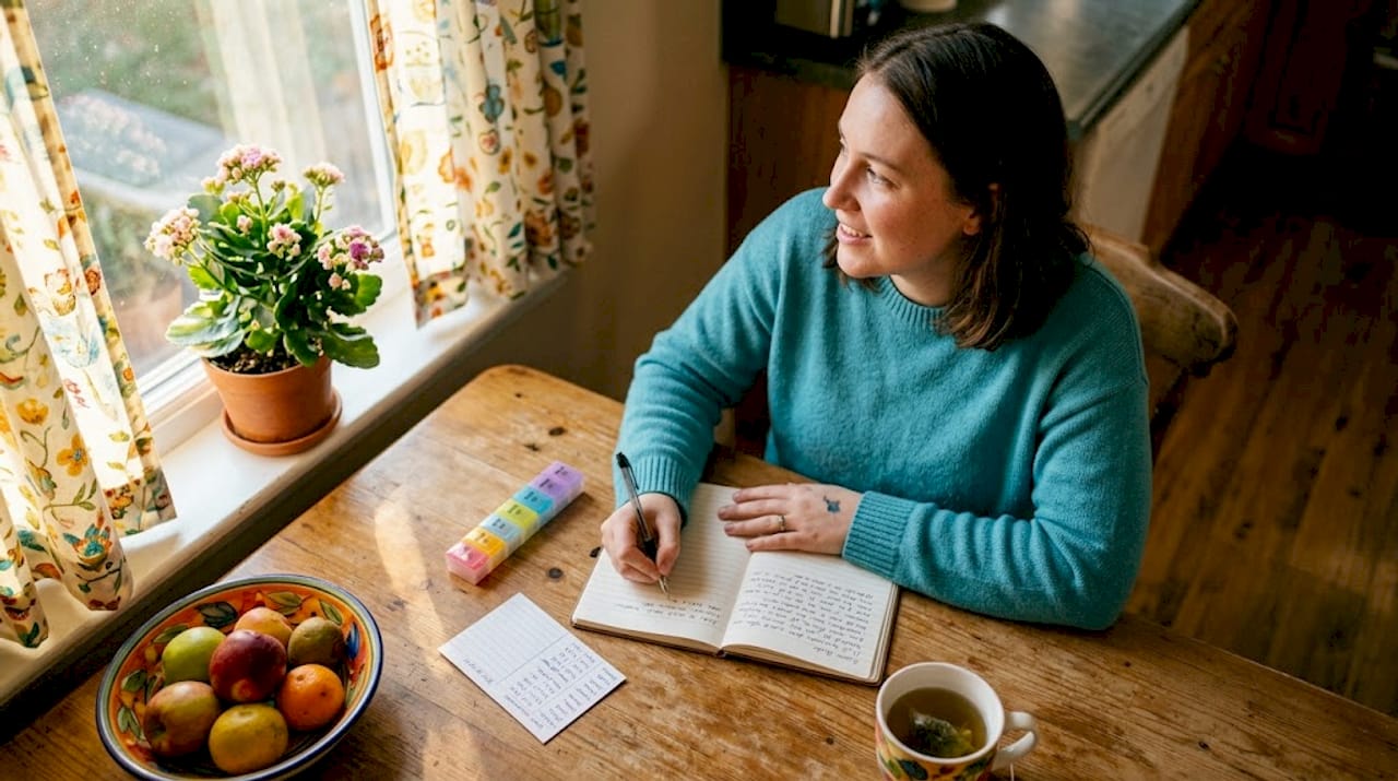 Woman journaling depression progress at kitchen table