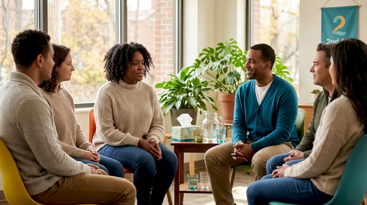 Peer support group meeting in community center