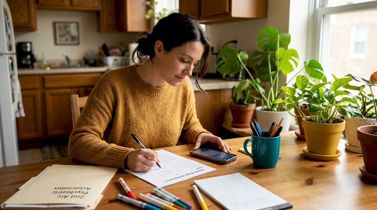 Woman preparing mental health crisis plan at kitchen table