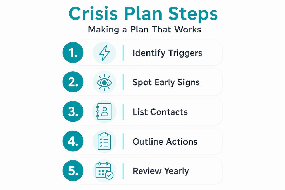 Infographic showing five main crisis plan steps