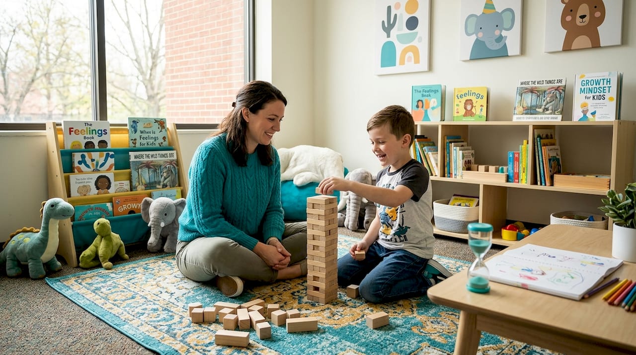 Child builds blocks with therapist in clinic