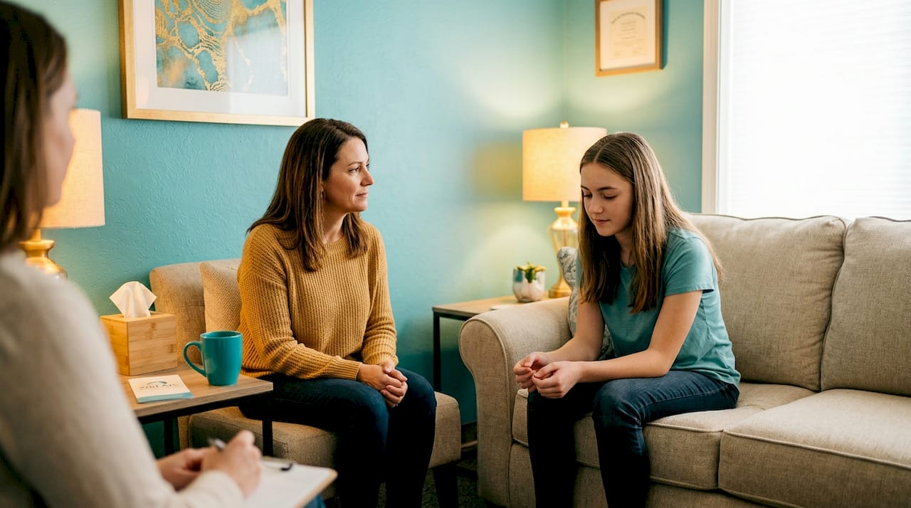 Parent and teen in family therapy session
