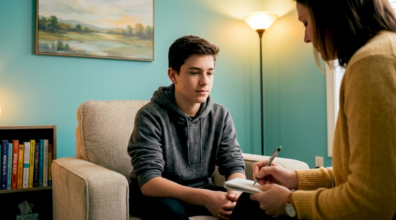 Teenage boy attending individual therapy session