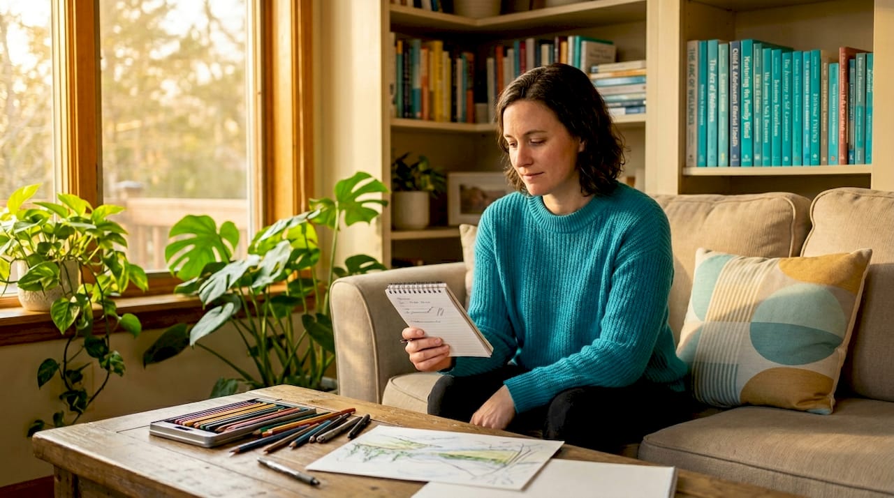 Person reflecting thoughtfully on living room sofa