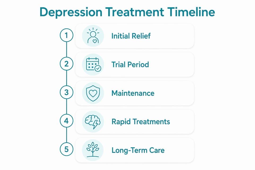 Infographic illustrating depression treatment timeline and stages