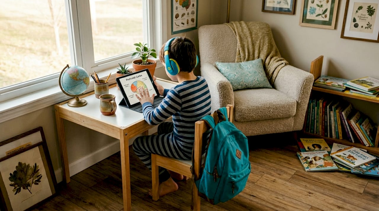 Child studying brain development at home desk