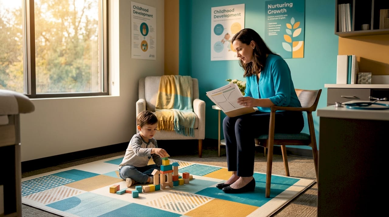 Pediatrician assessing child with ADHD in clinic