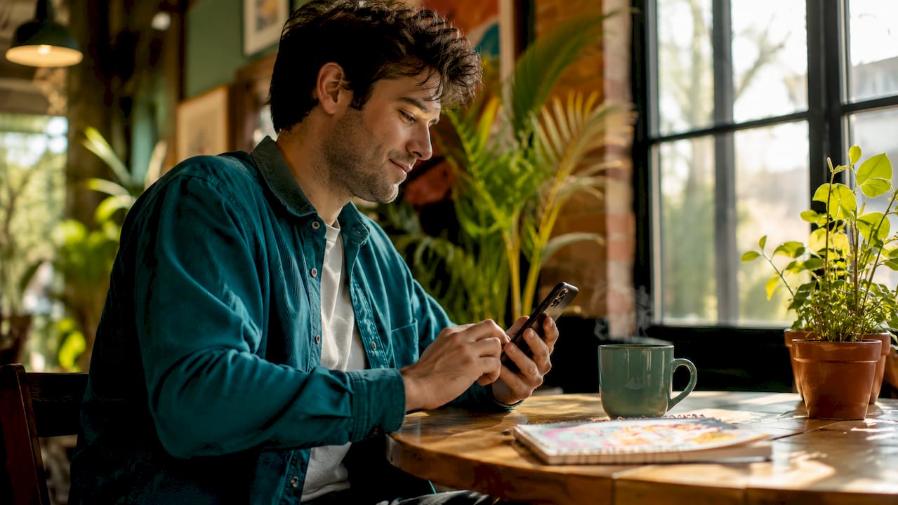 Young man using smartphone for mental health check-in at home