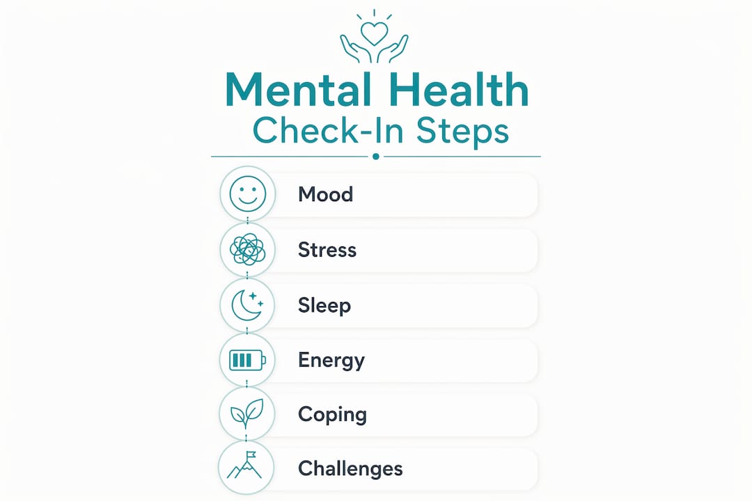Infographic outlining mental health check-in key assessment areas