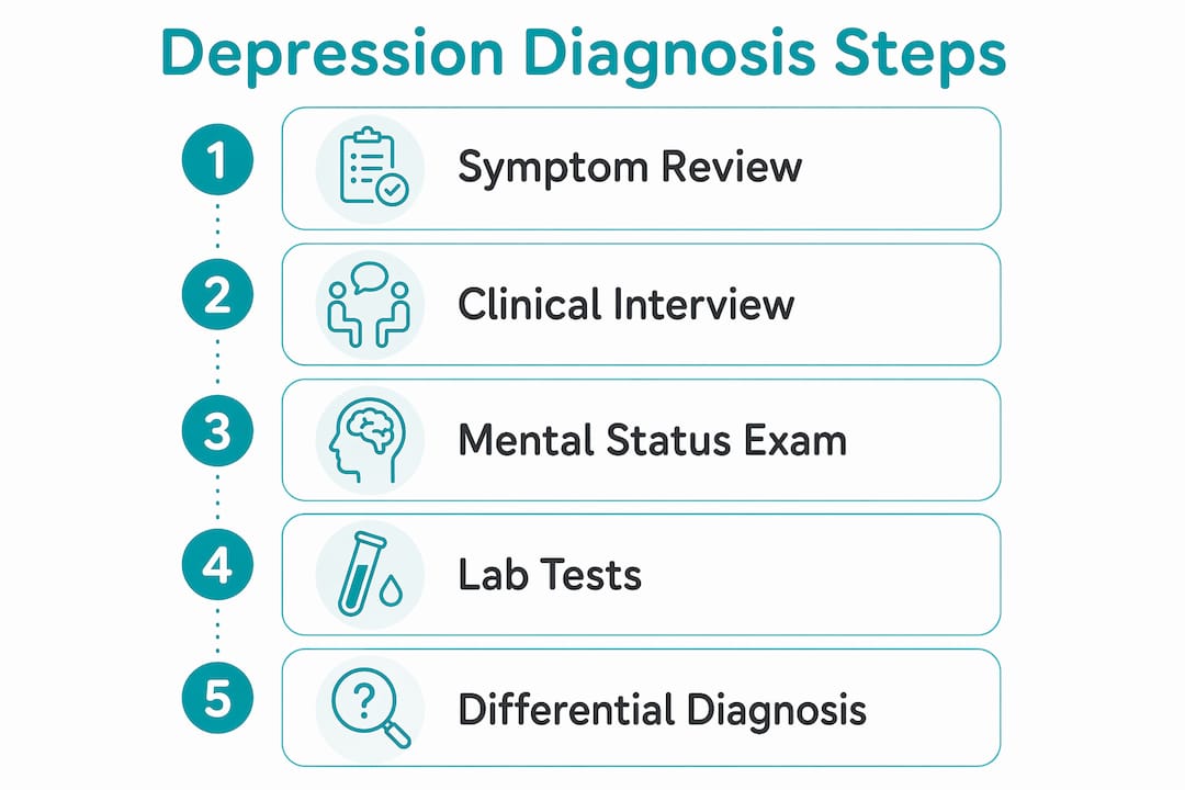 Infographic illustrating steps to diagnose depression