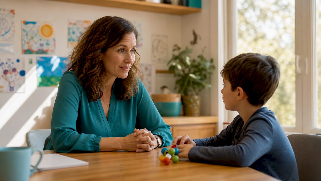 Child psychologist evaluating boy with toy in therapy room