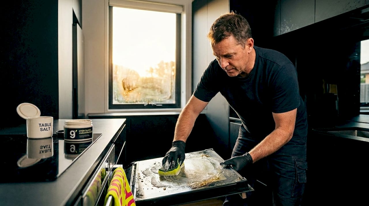 Applying homemade paste to stubborn oven grease