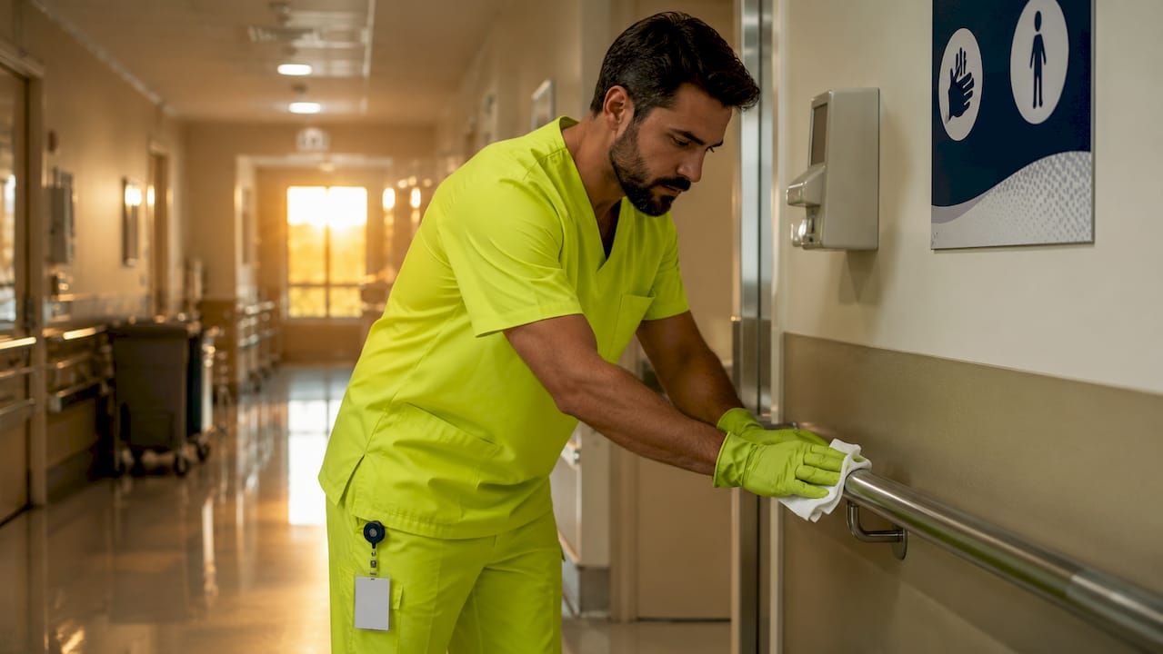 Janitor disinfecting handrail in medical corridor
