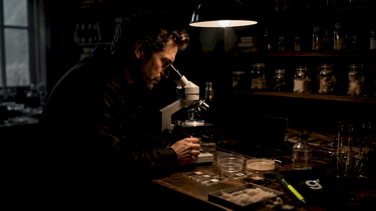 Scientist examining pet dander under microscope