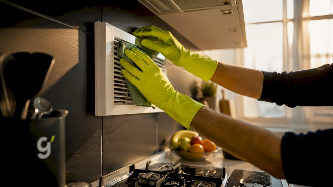 Hands cleaning dusty air vents in home hallway