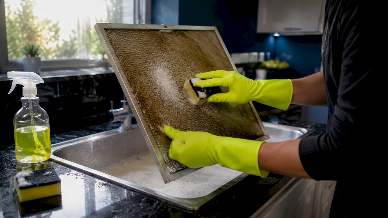 Hands cleaning greasy range hood filter