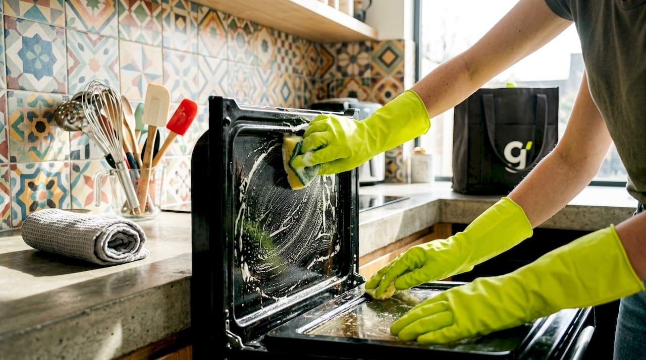 Hands cleaning oven interior in home kitchen