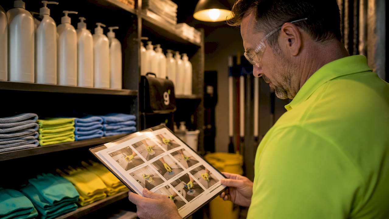 Janitor reviewing cleaning protocols in supply room