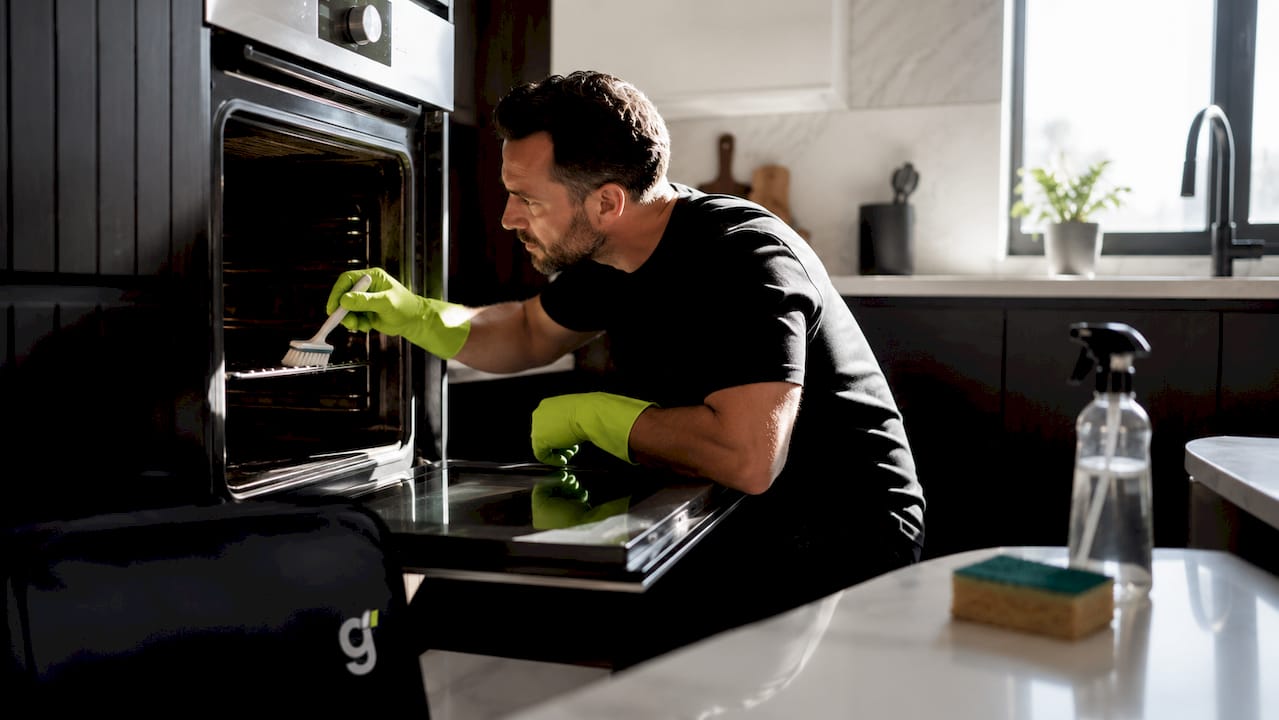 Close-up hands cleaning oven interior racks