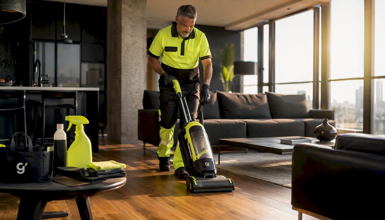 Professional cleaner vacuuming Airbnb living room