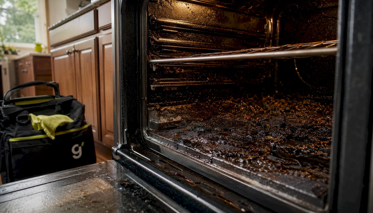 Close-up of thick grease and residue in oven