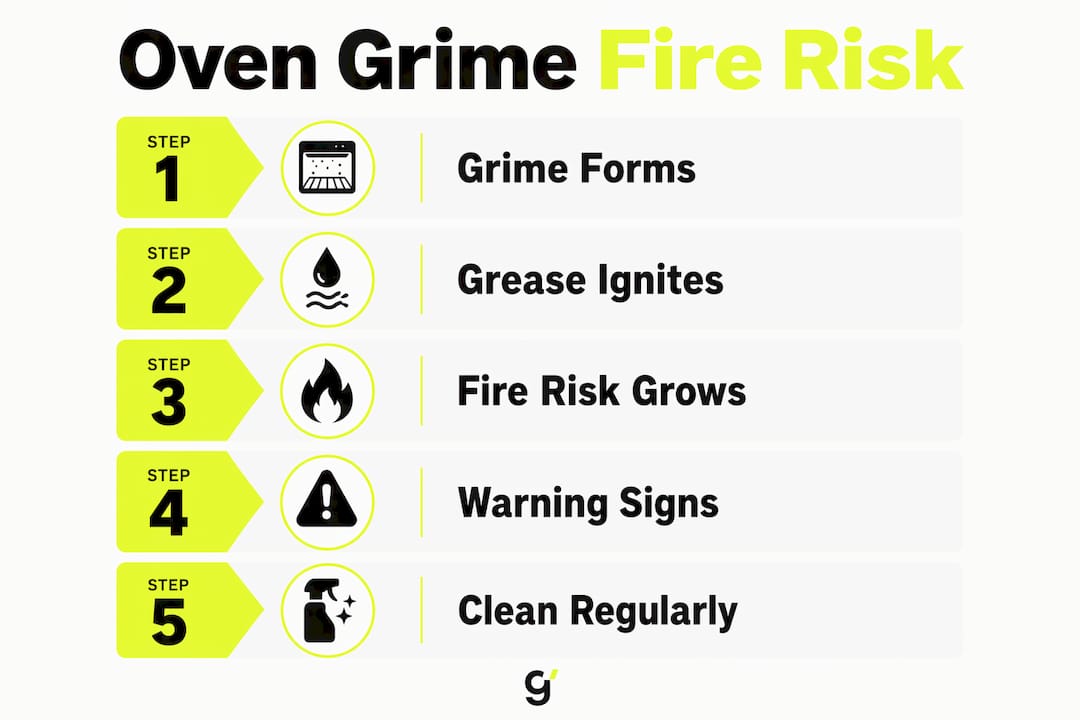 Infographic illustrating oven grime fire risk steps