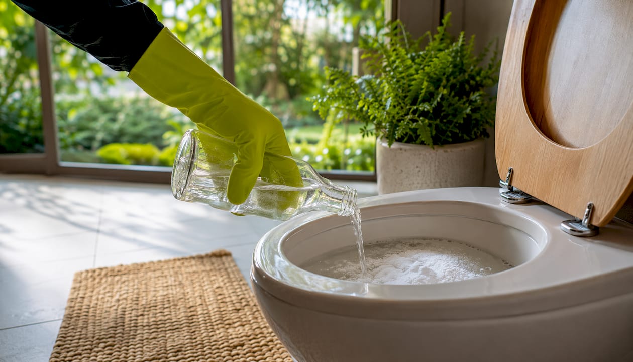 Hand pouring vinegar into baking soda coated toilet bowl