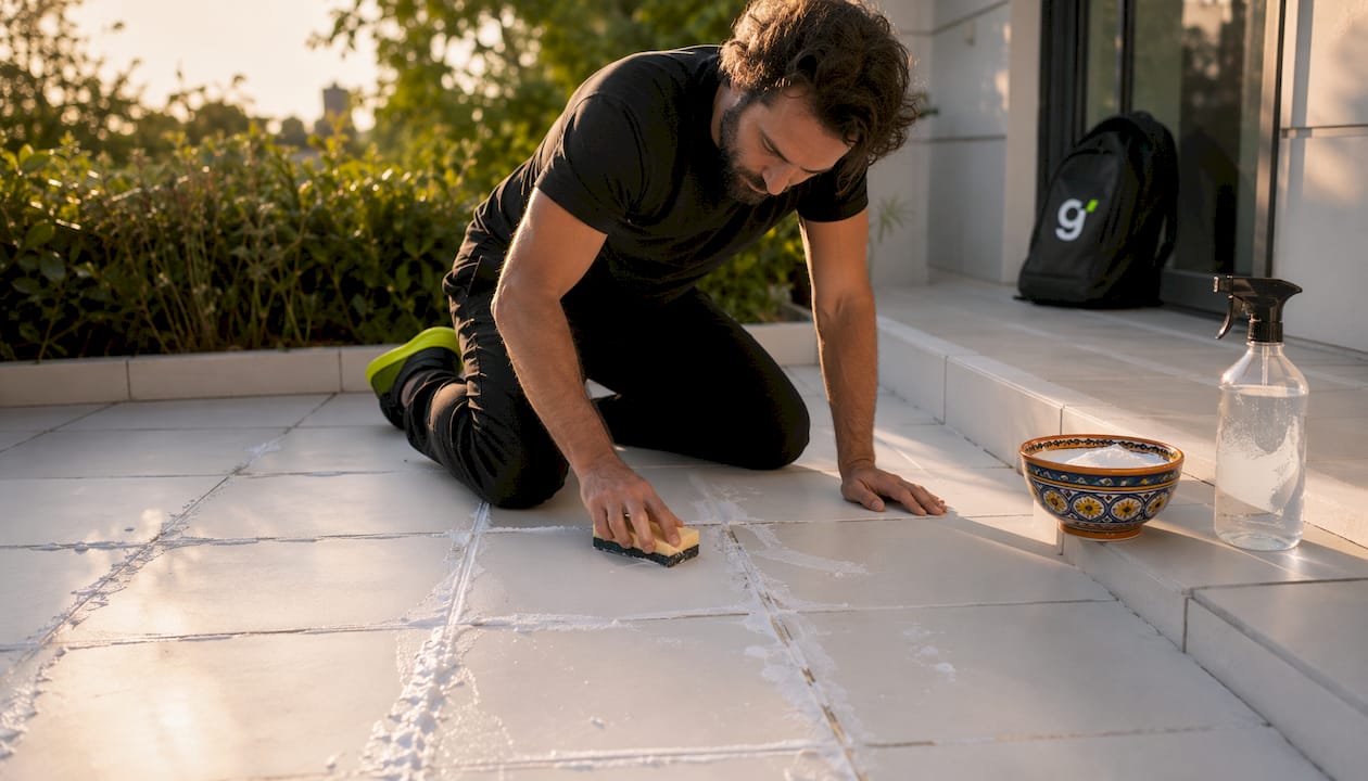Hands applying baking soda paste on tile grout