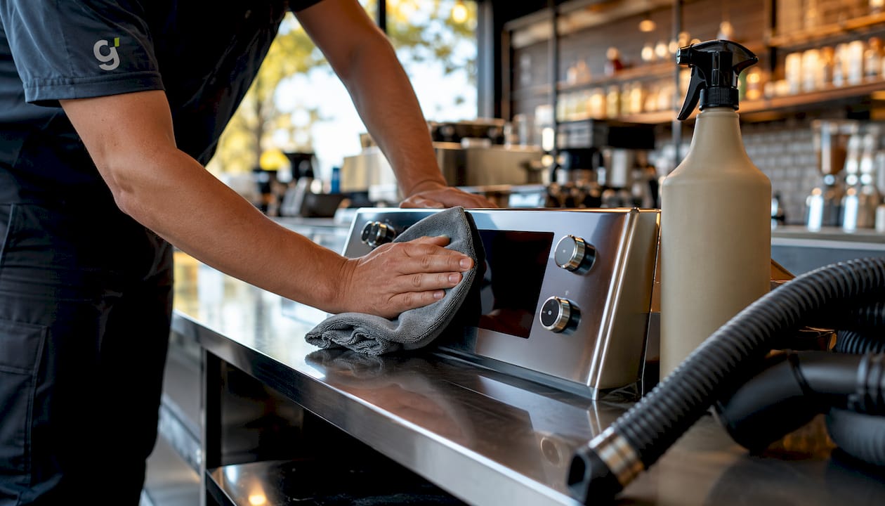 Hands cleaning stainless steel panel with eco spray